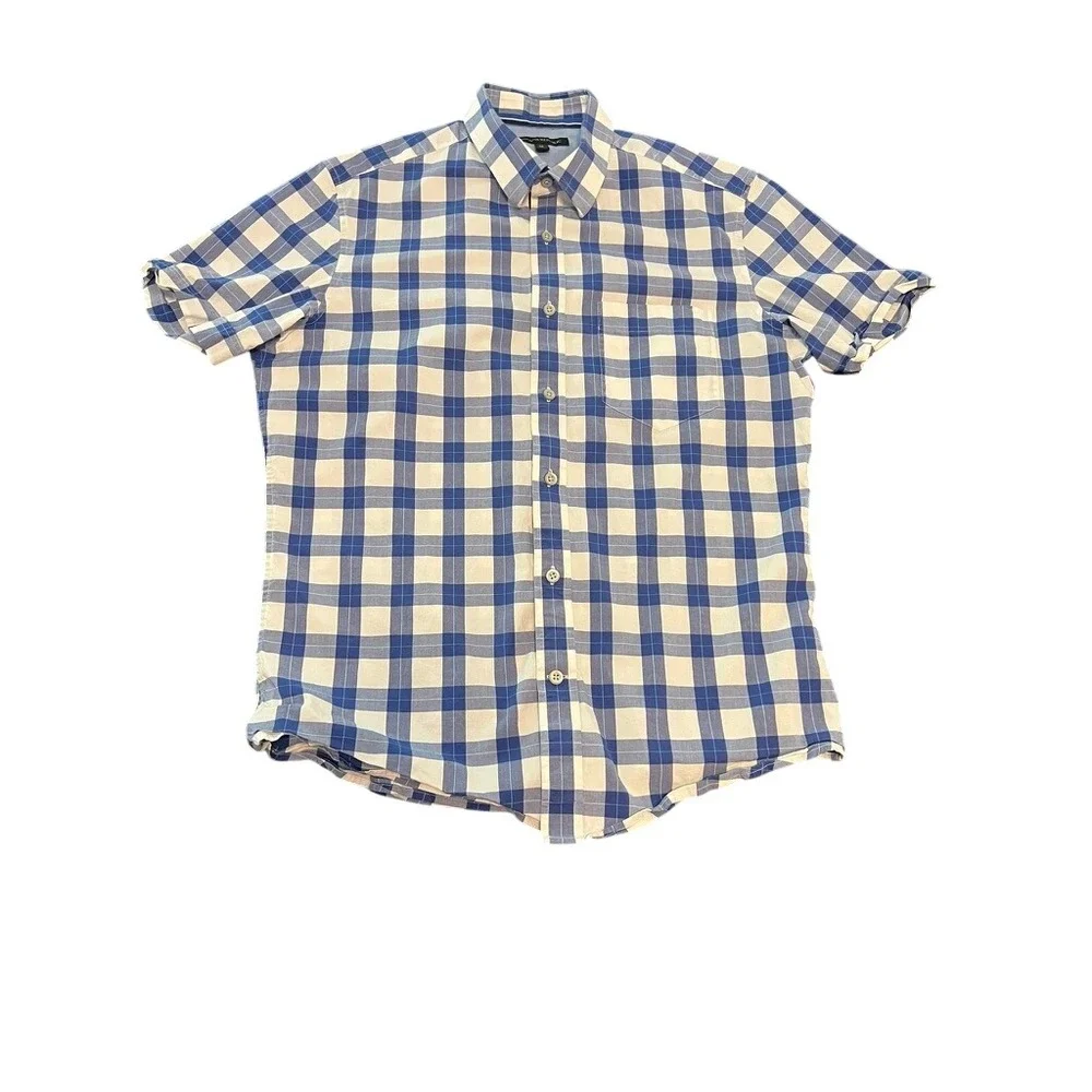 Banana Republic Mens Blue White Gingham Short Sleeve Button Down Shirt‎ Size M